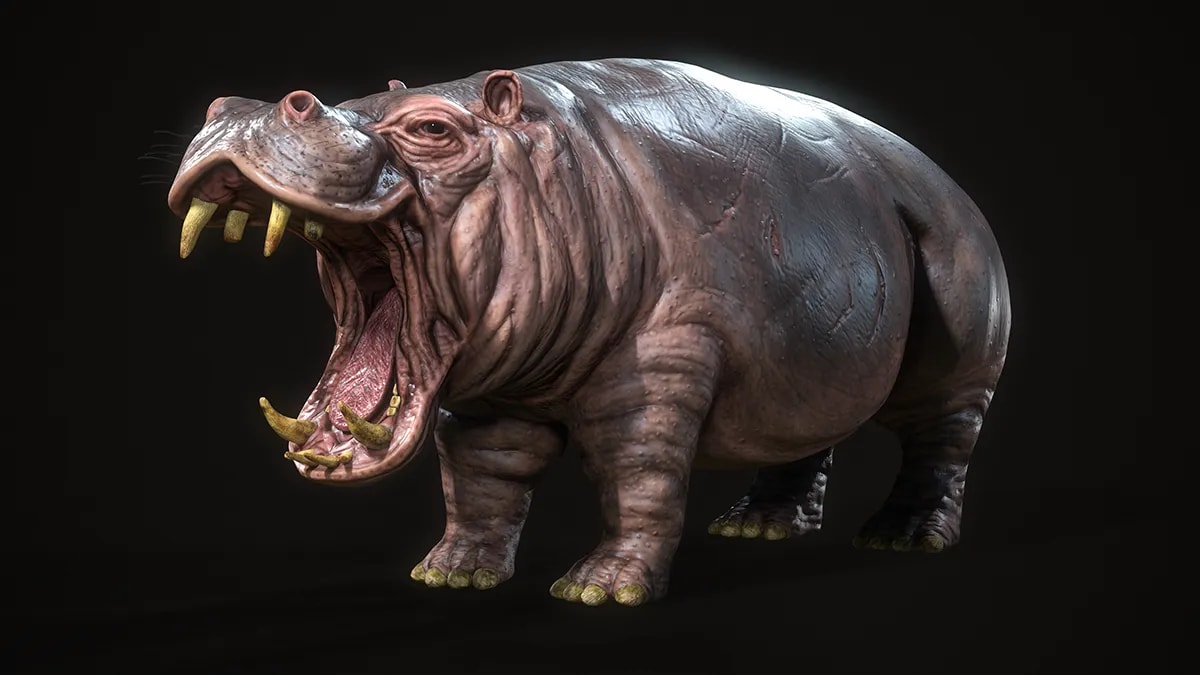 Escultura 3D de una criatura tipo hipopótamo vista de perfil con la boca abierta y colmillos, de Irene del Río, alumna de Concept Art en TRAZOS