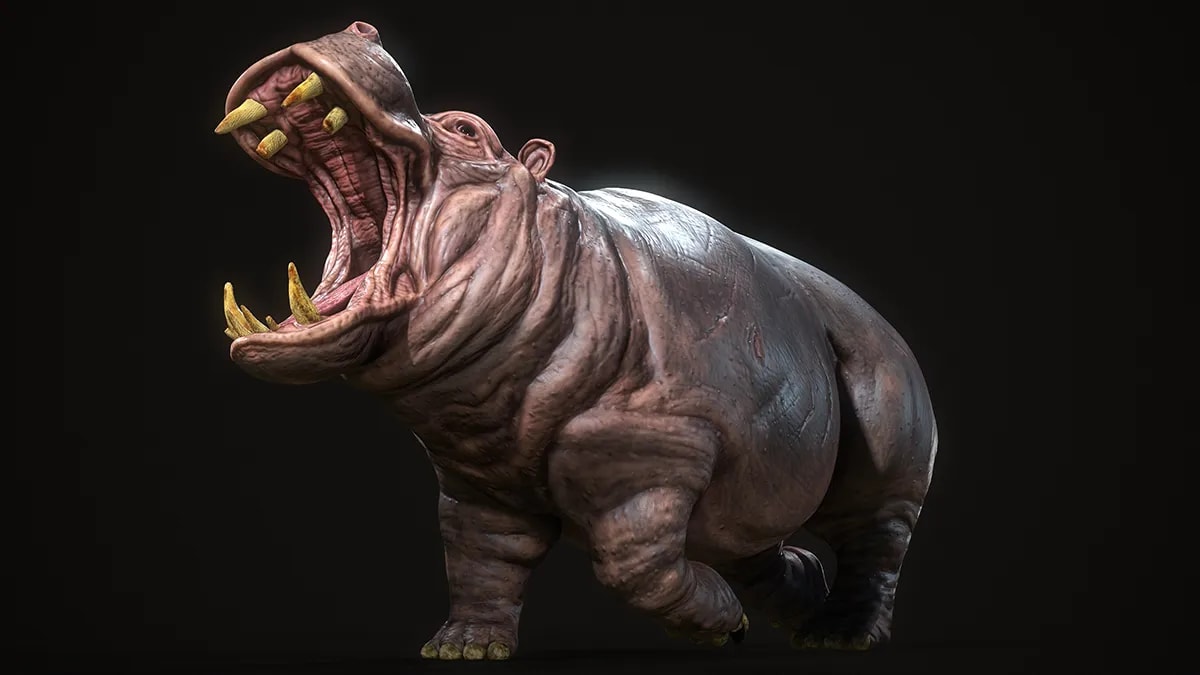 Escultura 3D de una criatura tipo hipopótamo en tres cuartos rugiendo con las fauces hacia arriba, de Irene del Río, alumna de Concept Art en TRAZOS