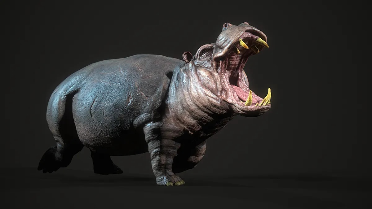 Escultura 3D de cuerpo entero de una criatura tipo hipopótamo con la boca abierta sobre fondo oscuro, de Irene del Río, alumna de Concept Art en TRAZOS