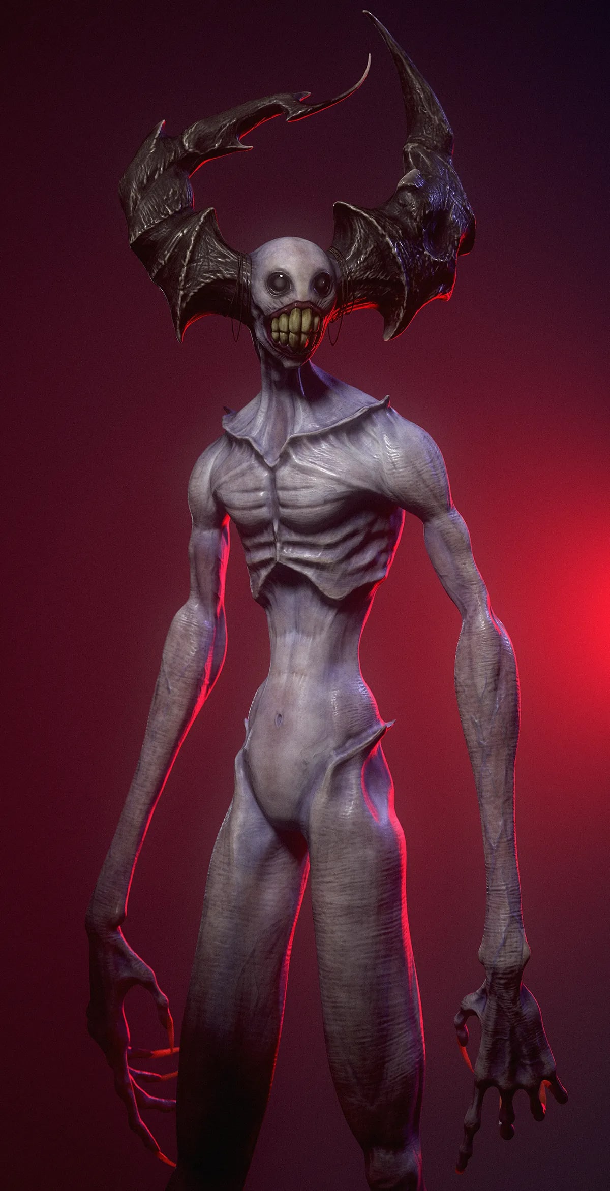Render 3D de cuerpo entero de un demonio pálido y delgado con cuernos de murciélago sobre fondo rojo, de Lluis Prats, alumno de Concept Art en TRAZOS