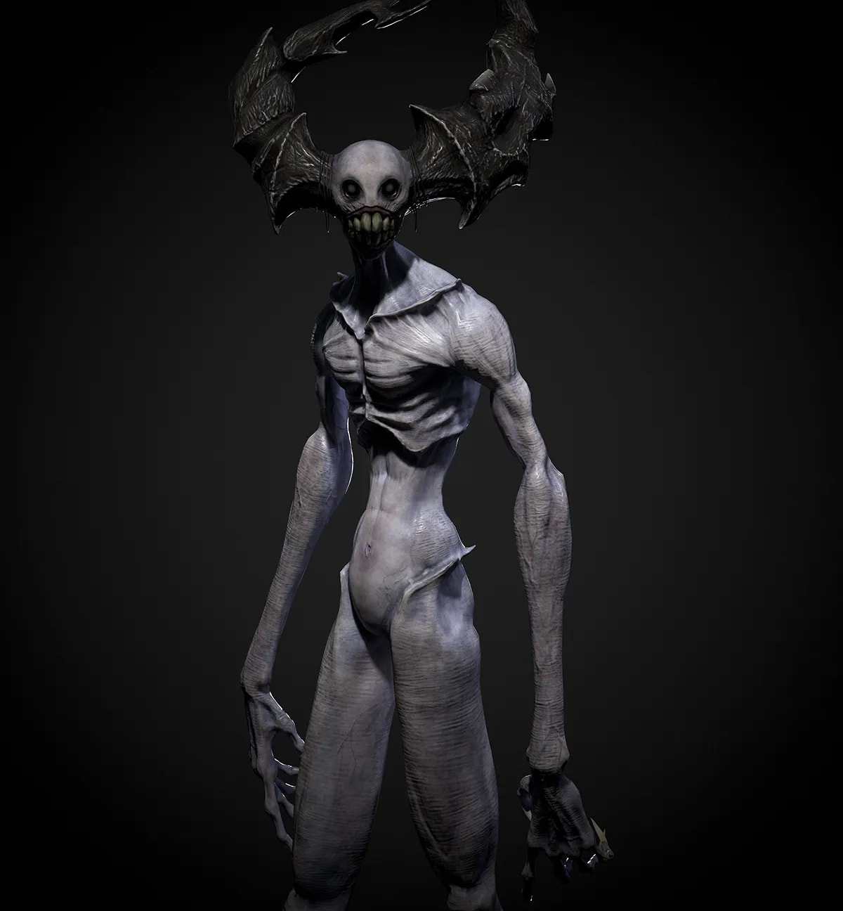 Render 3D de cuerpo entero de un demonio pálido y delgado con cuernos de murciélago sobre fondo oscuro, de Lluis Prats, alumno de Concept Art en TRAZOS