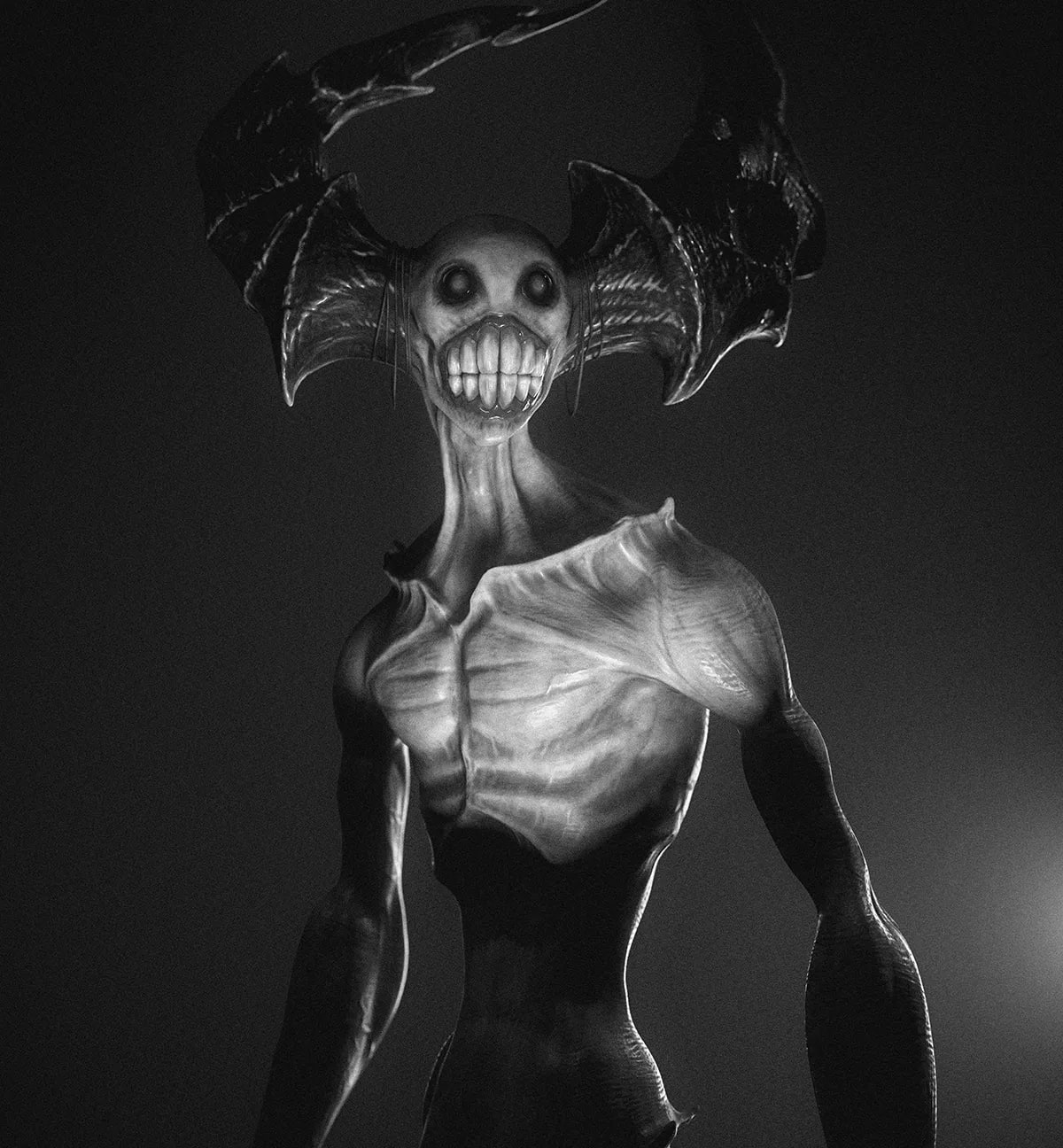Render 3D en blanco y negro del busto de un demonio pálido con cuernos de murciélago y dientes grandes, de Lluis Prats, alumno de Concept Art en TRAZOS
