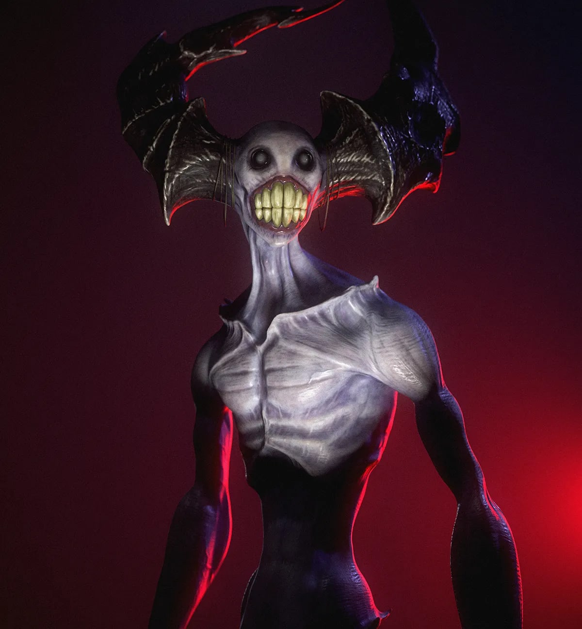 Primer plano 3D del busto de un demonio pálido con cuernos de murciélago y dentadura visible sobre fondo rojo, de Lluis Prats, alumno de Concept Art en TRAZOS