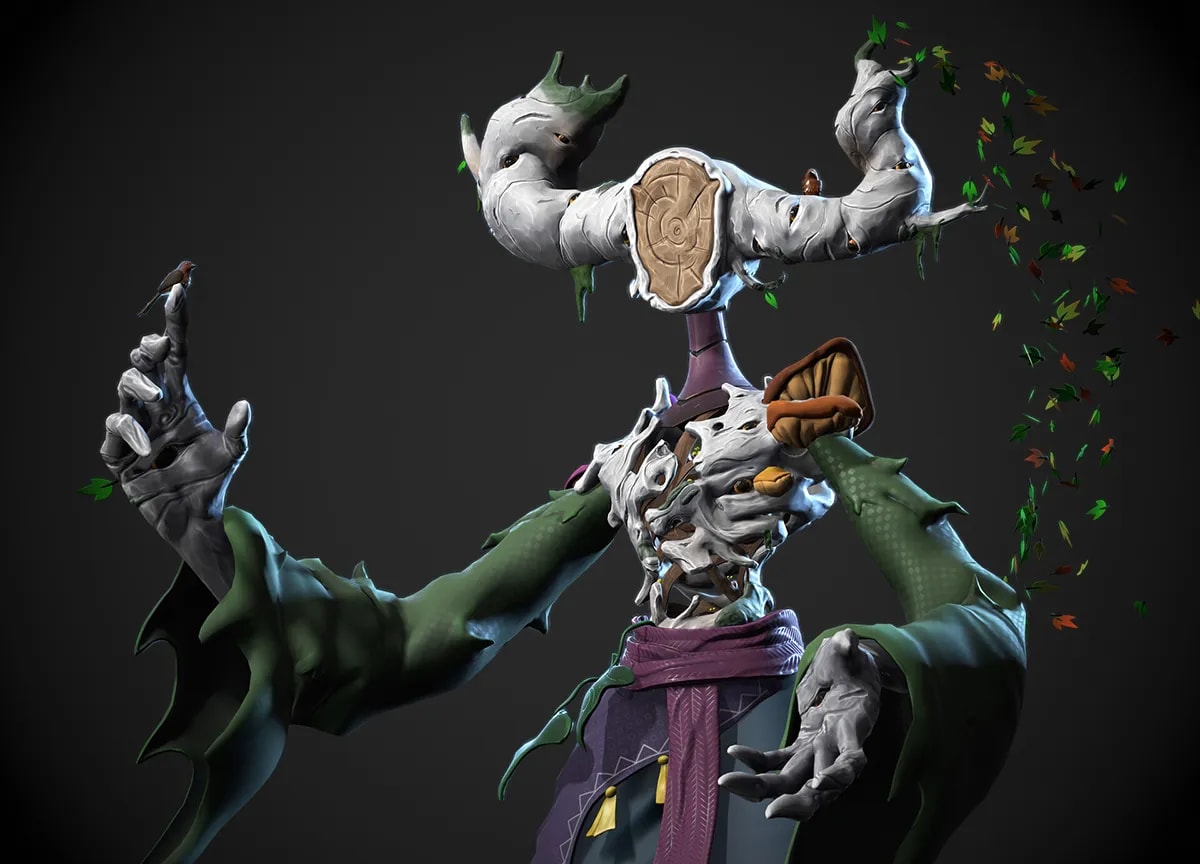 Render 3D del busto del espíritu del bosque con un petirrojo posado en su mano de corteza y hojas cayendo, de Lucía Yuwen, alumna de Concept Art en TRAZOS