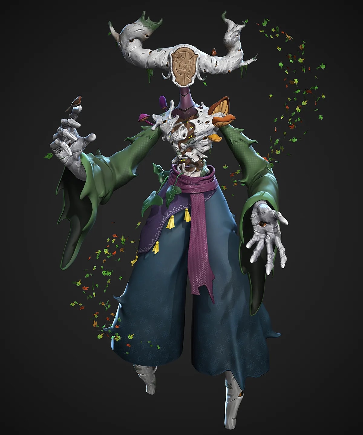 Render 3D de cuerpo entero del espíritu del bosque con túnica azul, fajín morado y cabeza de tronco de abedul, de Lucía Yuwen, alumna de Concept Art en TRAZOS