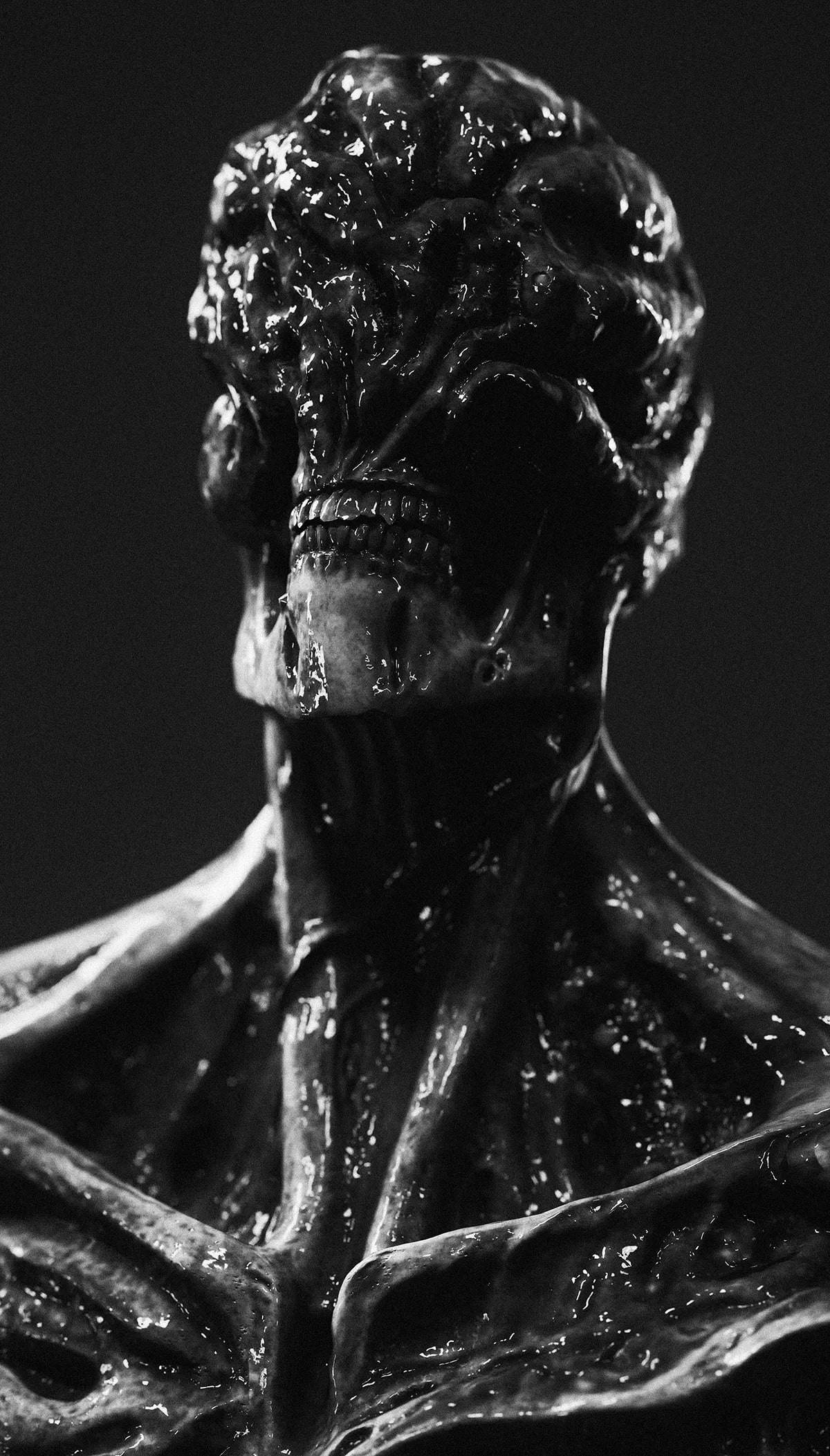 Primer plano de la cabeza craneal de la criatura humanoide, escultura digital en blanco y negro, de Noelia Ayelen, alumna de Concept Art en TRAZOS