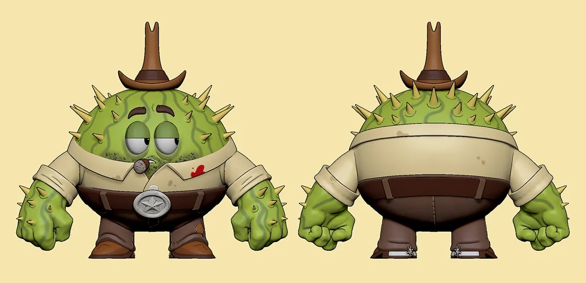 Turnaround de un personaje cactus vaquero con sombrero y placa de sheriff, de Camino Paricio, alumna de 3D · Modelado y Animación en TRAZOS