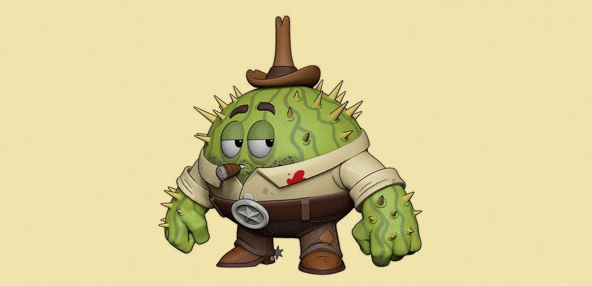 Personaje cactus vaquero con puro y placa de sheriff, de Camino Paricio, alumna de 3D · Modelado y Animación en TRAZOS