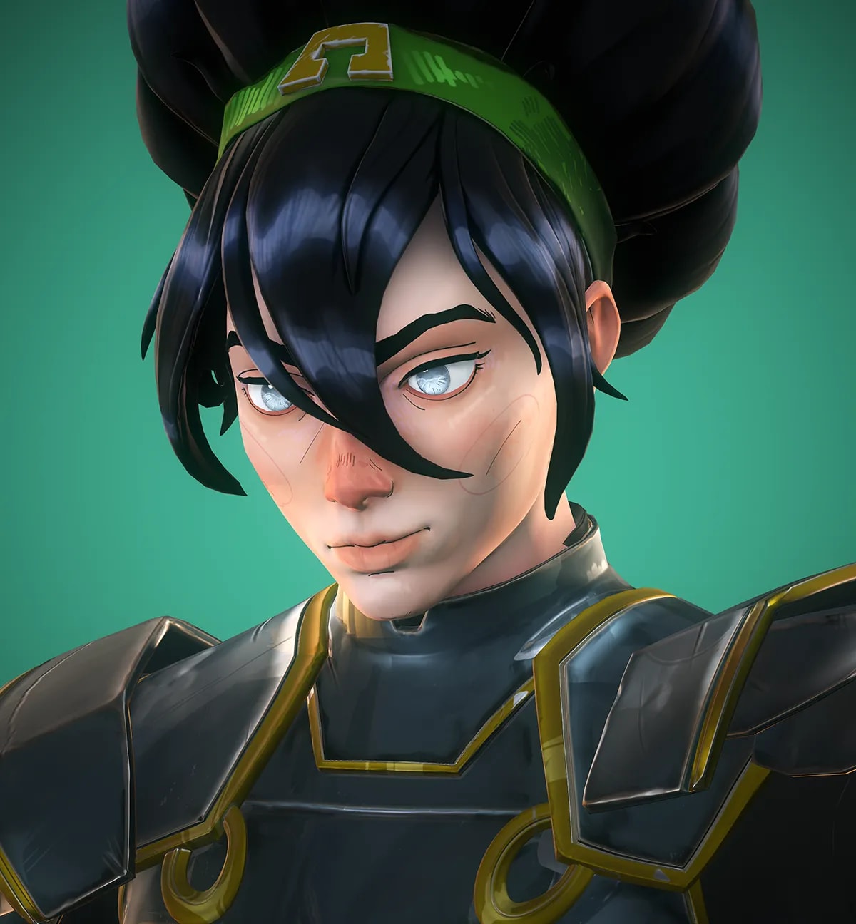 Retrato de la guerrera con cinta verde y armadura con detalles dorados, de Alberto Clavé, alumno/a de 3D · Modelado y Animación en TRAZOS