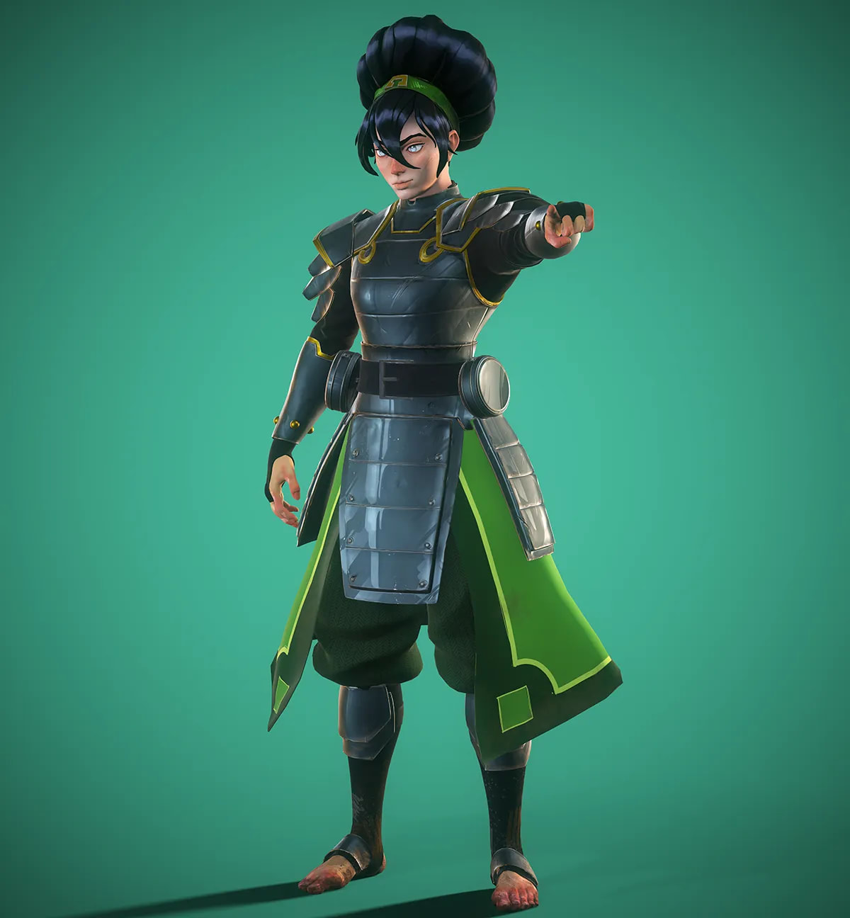Guerrera samurái con armadura y faldón verde a cuerpo entero, de Alberto Clavé, alumno/a de 3D · Modelado y Animación en TRAZOS