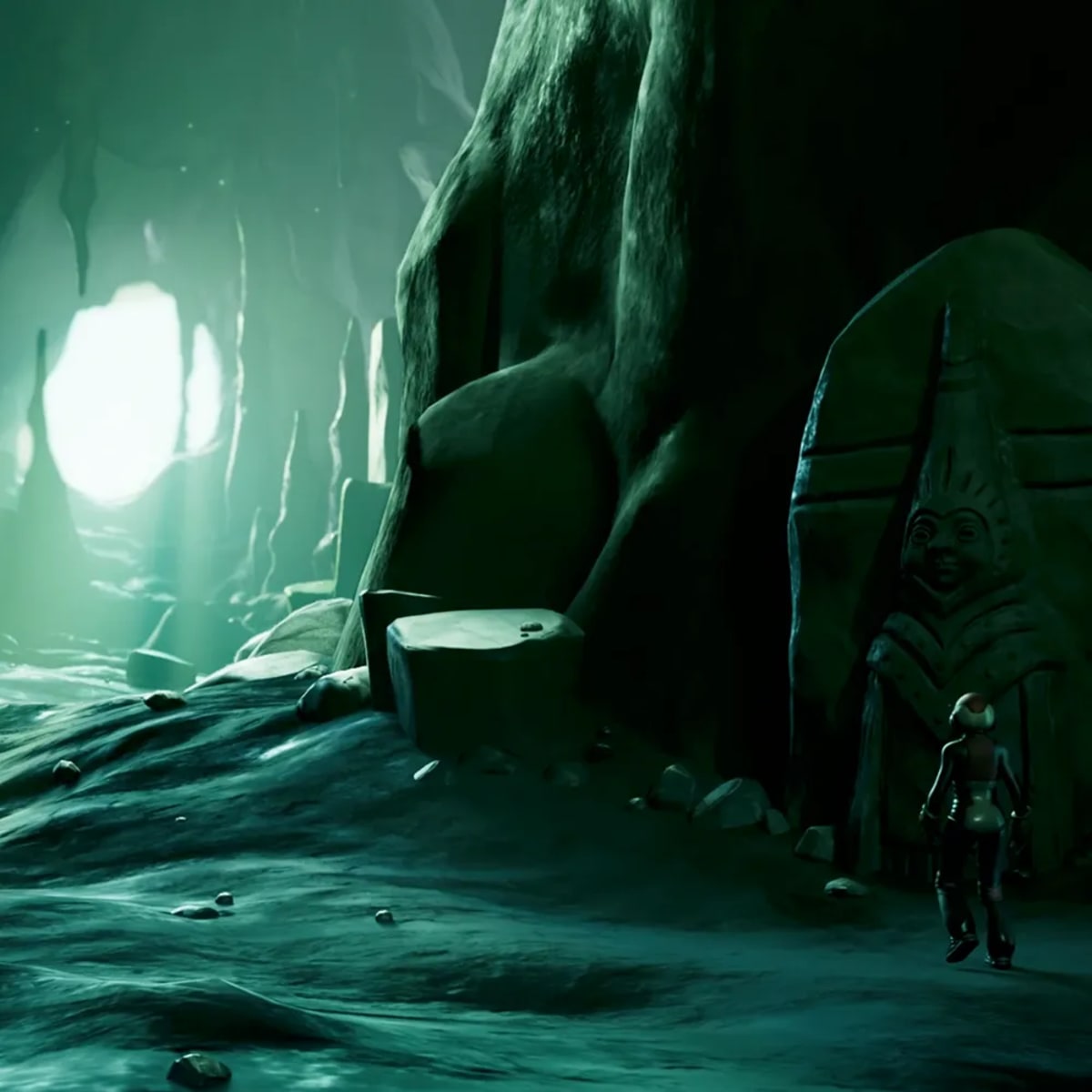 Entorno de una cueva con un personaje junto a un ídolo tallado y luz verdosa, de Claudia Pérez, alumna de 3D · Modelado y Animación en TRAZOS