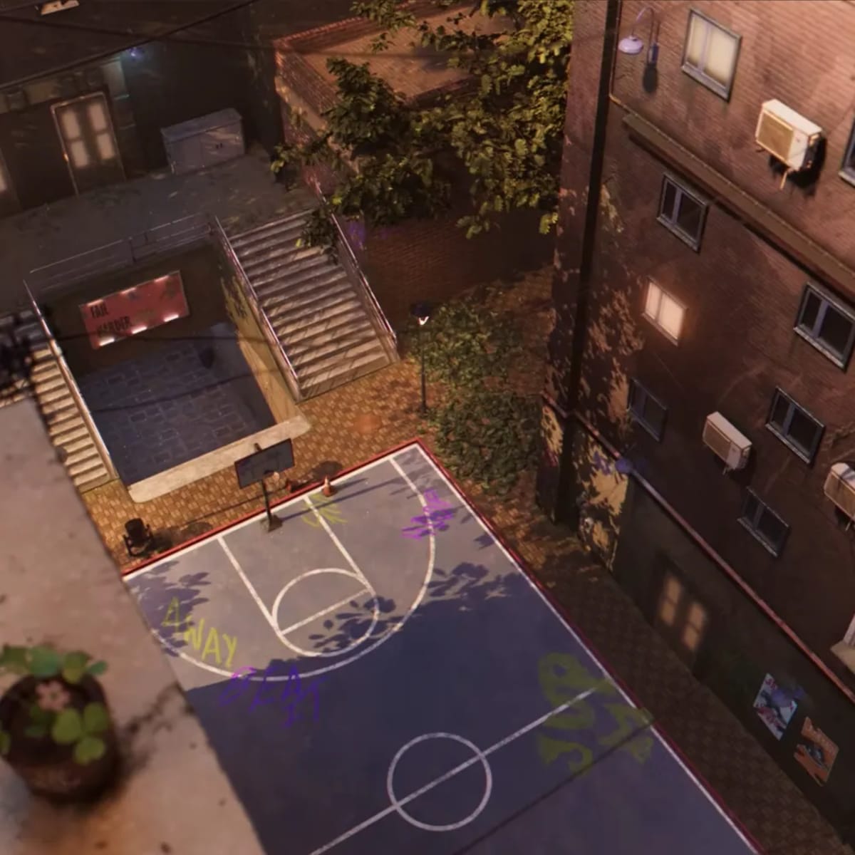 Cancha de baloncesto urbana con grafitis entre edificios de ladrillo, de Alberto Caraballo, alumno/a de 3D · Modelado y Animación en TRAZOS