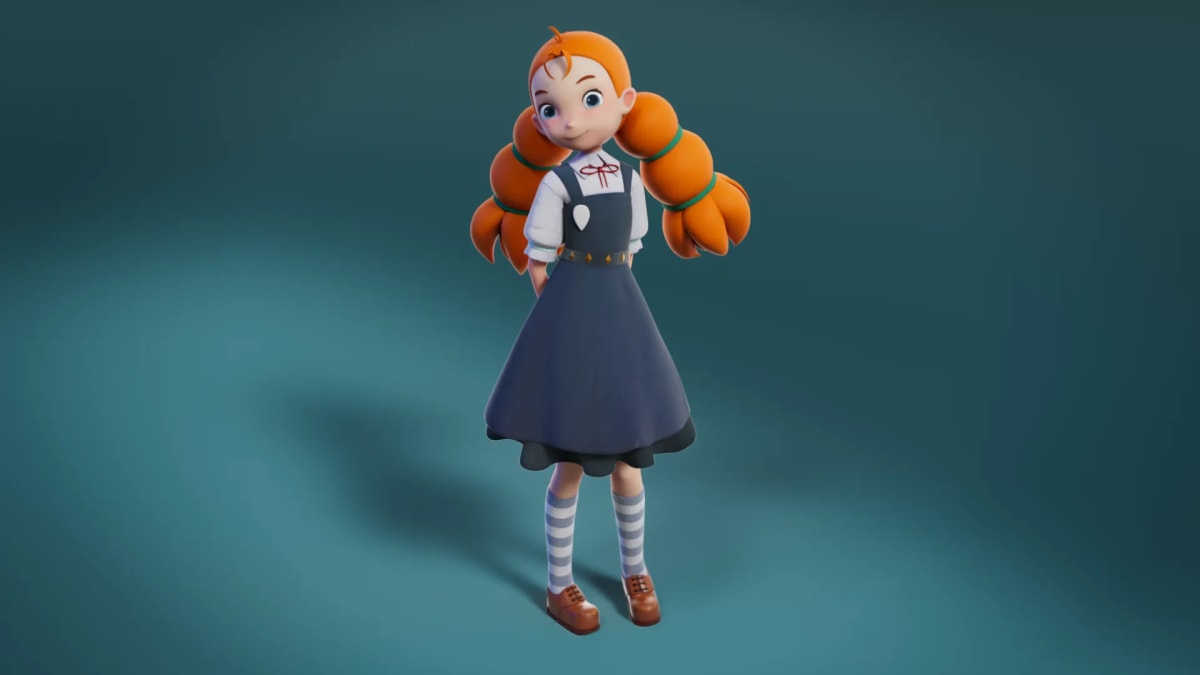 Niña pelirroja de coletas rizadas y pichi gris a cuerpo entero, de Clara López, alumna de 3D · Modelado y Animación en TRAZOS