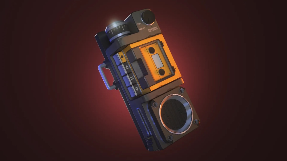 Modelo hard surface estilizado de un radiocasete retro naranja y azul, de Clara López, alumna de 3D · Modelado y Animación en TRAZOS