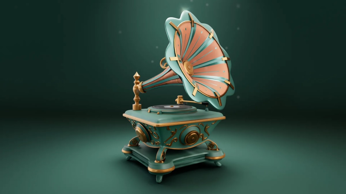 Gramófono estilizado verde y cobre en vista en perspectiva en 3D, del proyecto de Irene Bretón, alumna de 3D · Modelado y Animación en TRAZOS