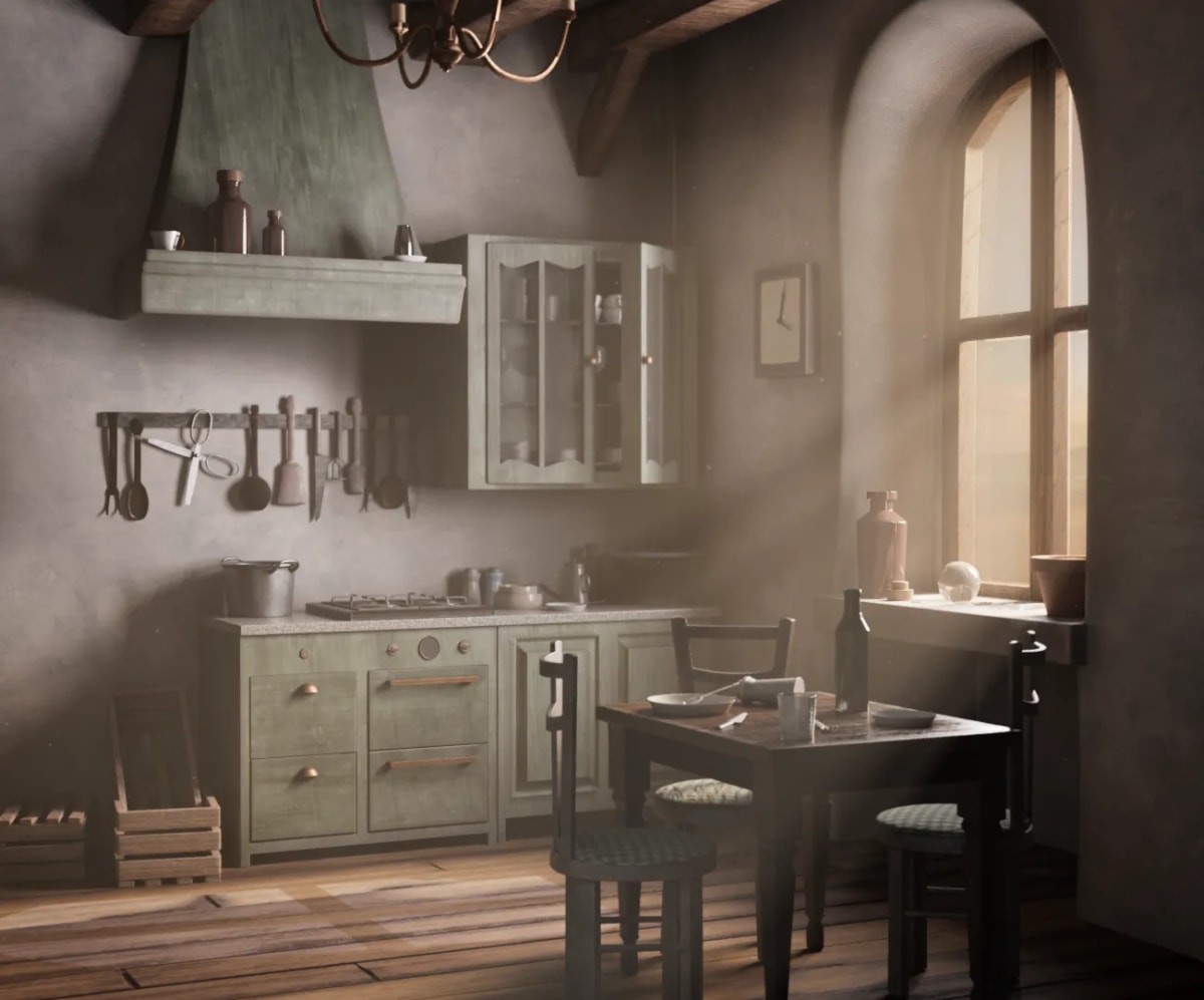 Cocina rústica con ventana en arco y rayos de luz en 3D, del proyecto de Irene Bretón, alumna de 3D · Modelado y Animación en TRAZOS