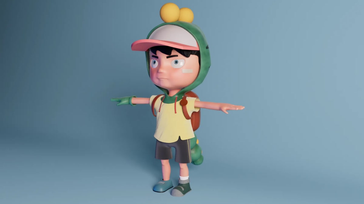 Personaje de niño con sudadera de dinosaurio en pose T en 3D, del proyecto de Irene Bretón, alumna de 3D · Modelado y Animación en TRAZOS