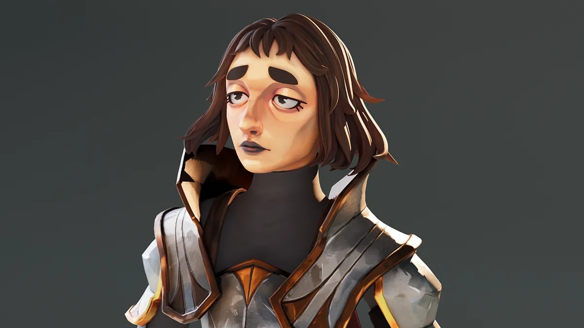 Vista de tres cuartos del personaje guerrero con armadura plateada y dorada, de Claudia Pérez, alumna de 3D · Modelado y Animación en TRAZOS