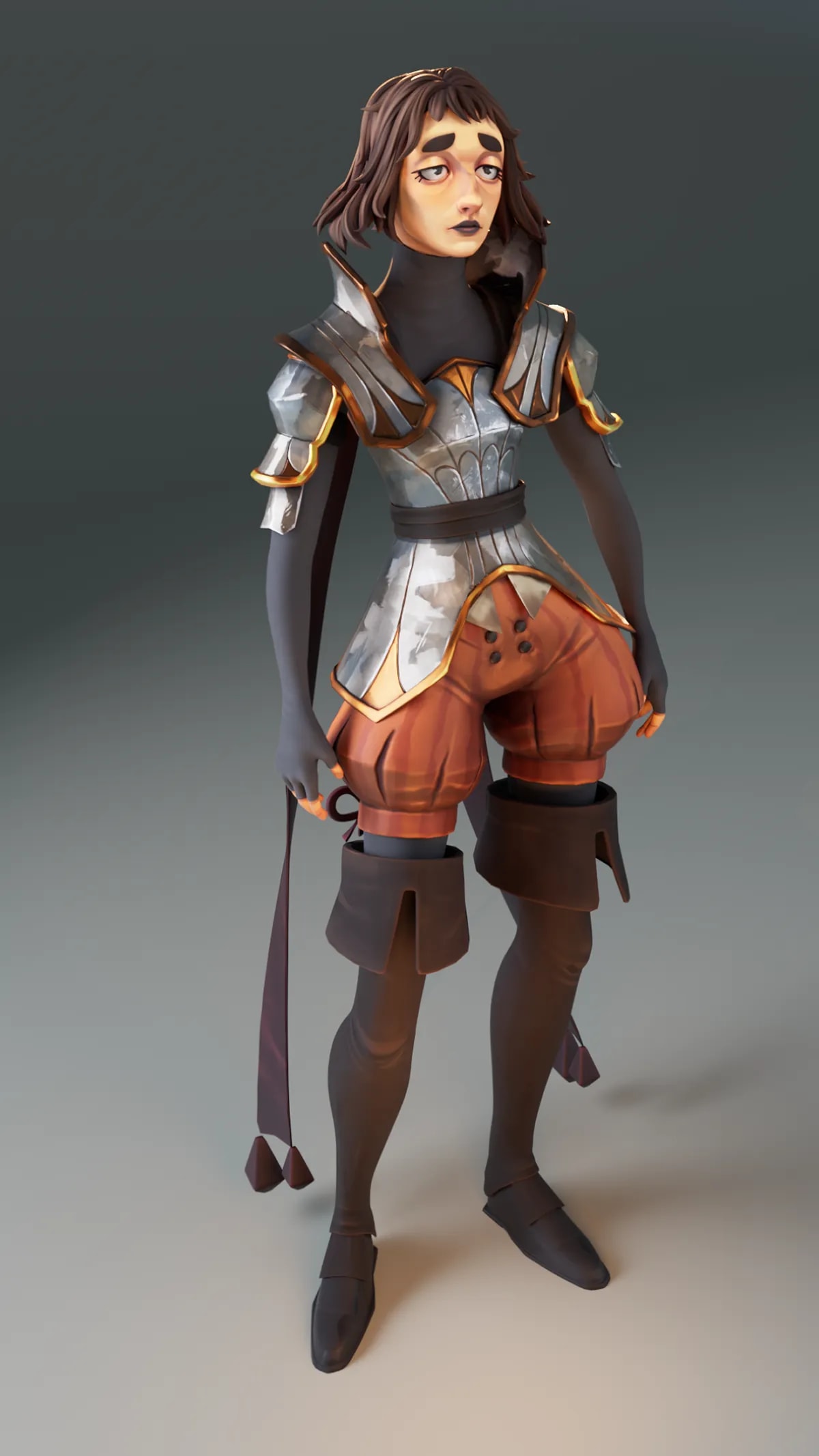 Personaje guerrero femenino a cuerpo entero con armadura plateada, calzas naranjas y espada, de Claudia Pérez, alumna de 3D · Modelado y Animación en TRAZOS