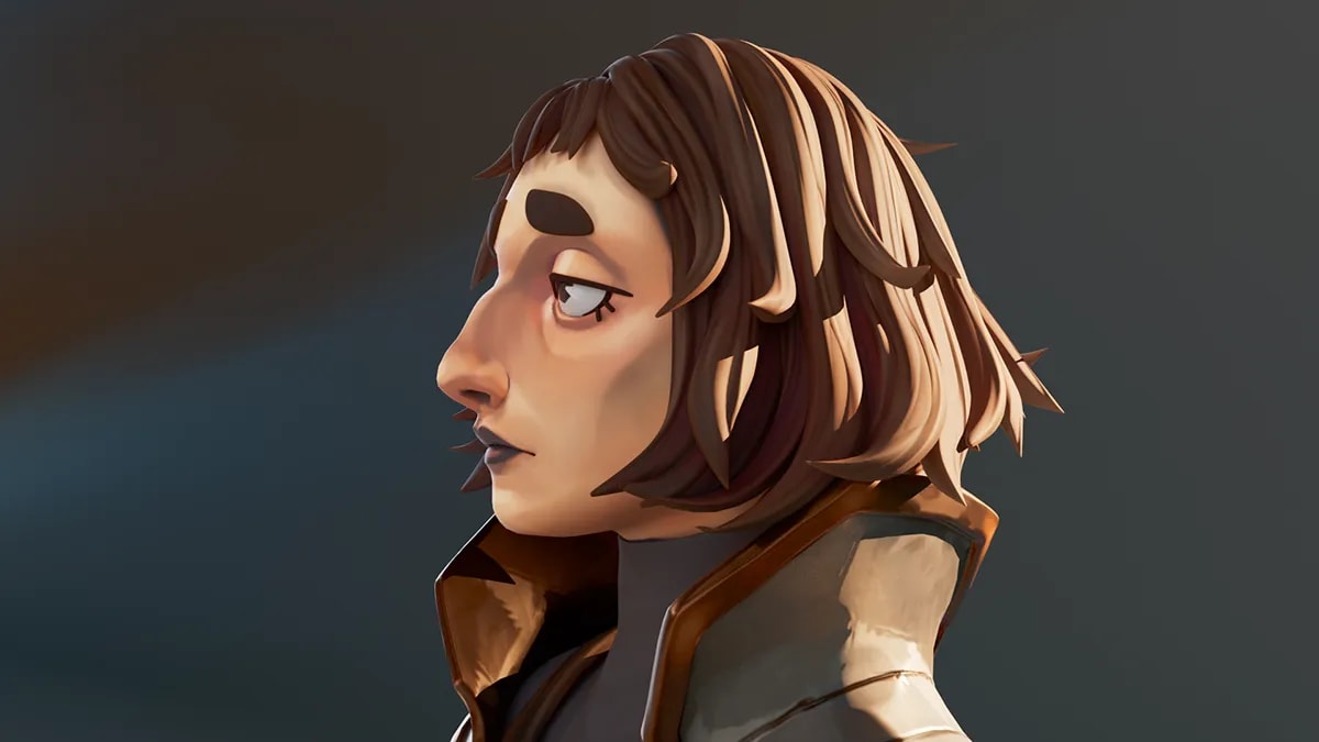 Retrato de perfil del personaje guerrero con pelo castaño, de Claudia Pérez, alumna de 3D · Modelado y Animación en TRAZOS