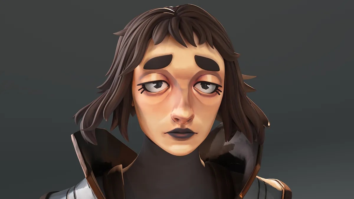 Retrato frontal del personaje guerrero con armadura, de Claudia Pérez, alumna de 3D · Modelado y Animación en TRAZOS