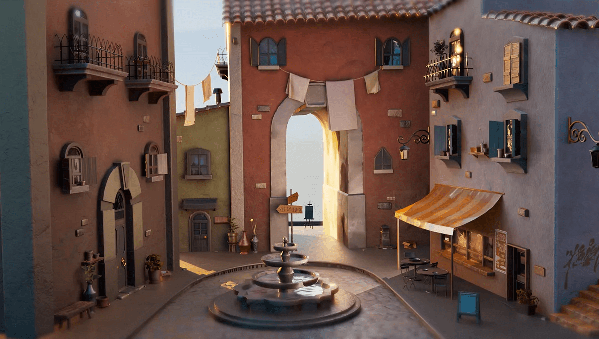 Entorno de una plaza de pueblo mediterráneo con fuente, casas de colores y arco hacia el mar, de Claudia Pérez, alumna de 3D · Modelado y Animación en TRAZOS