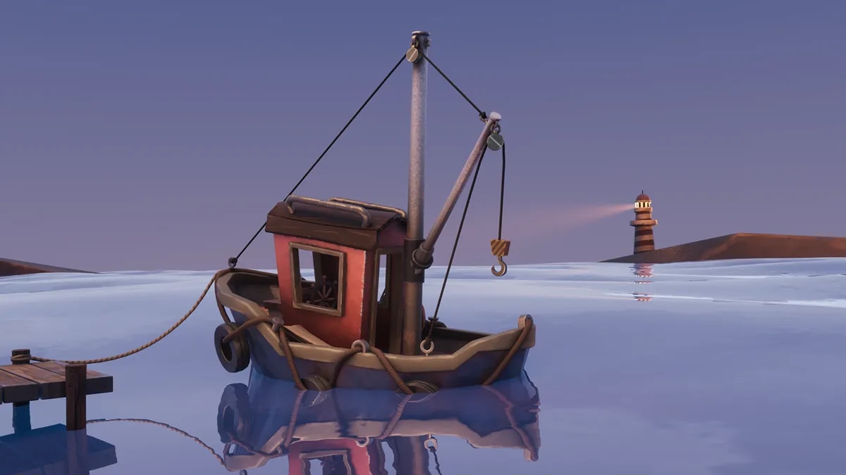 Barca pesquera estilizada amarrada a un muelle al atardecer con un faro al fondo, de Claudia Pérez, alumna de 3D · Modelado y Animación en TRAZOS