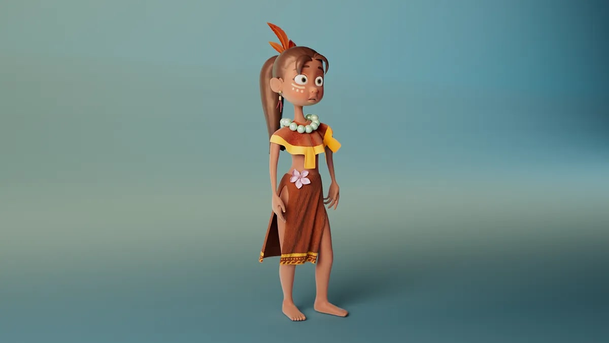 Retrato del personaje de la niña tribal con pluma y collar de cuentas, de Eduardo Molina, alumno de 3D · Modelado y Animación en TRAZOS