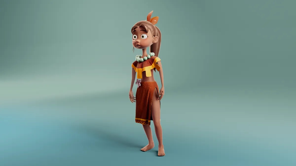 Vista del personaje de la niña tribal de ojos grandes con pluma, de Eduardo Molina, alumno de 3D · Modelado y Animación en TRAZOS