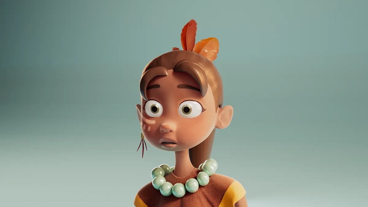Render de cuerpo entero del personaje de la niña tribal con collar de cuentas, de Eduardo Molina, alumno de 3D · Modelado y Animación en TRAZOS