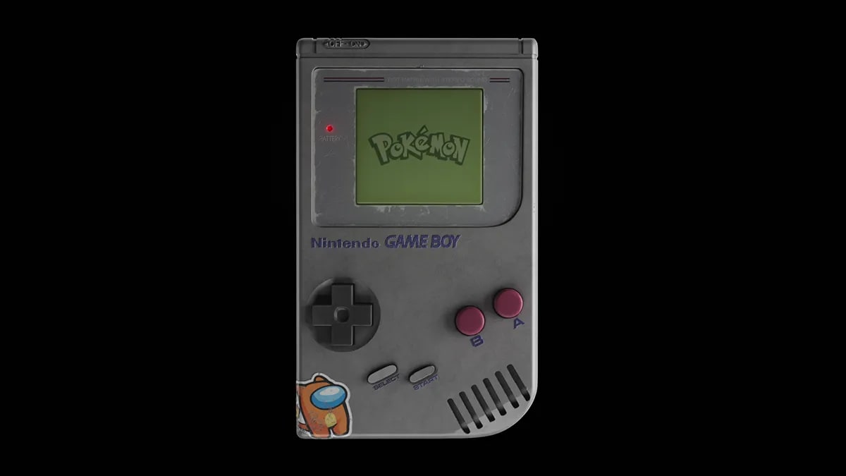 Vista frontal del modelado de una Nintendo Game Boy con pantalla de Pokémon, de Eduardo Molina, alumno de 3D · Modelado y Animación en TRAZOS