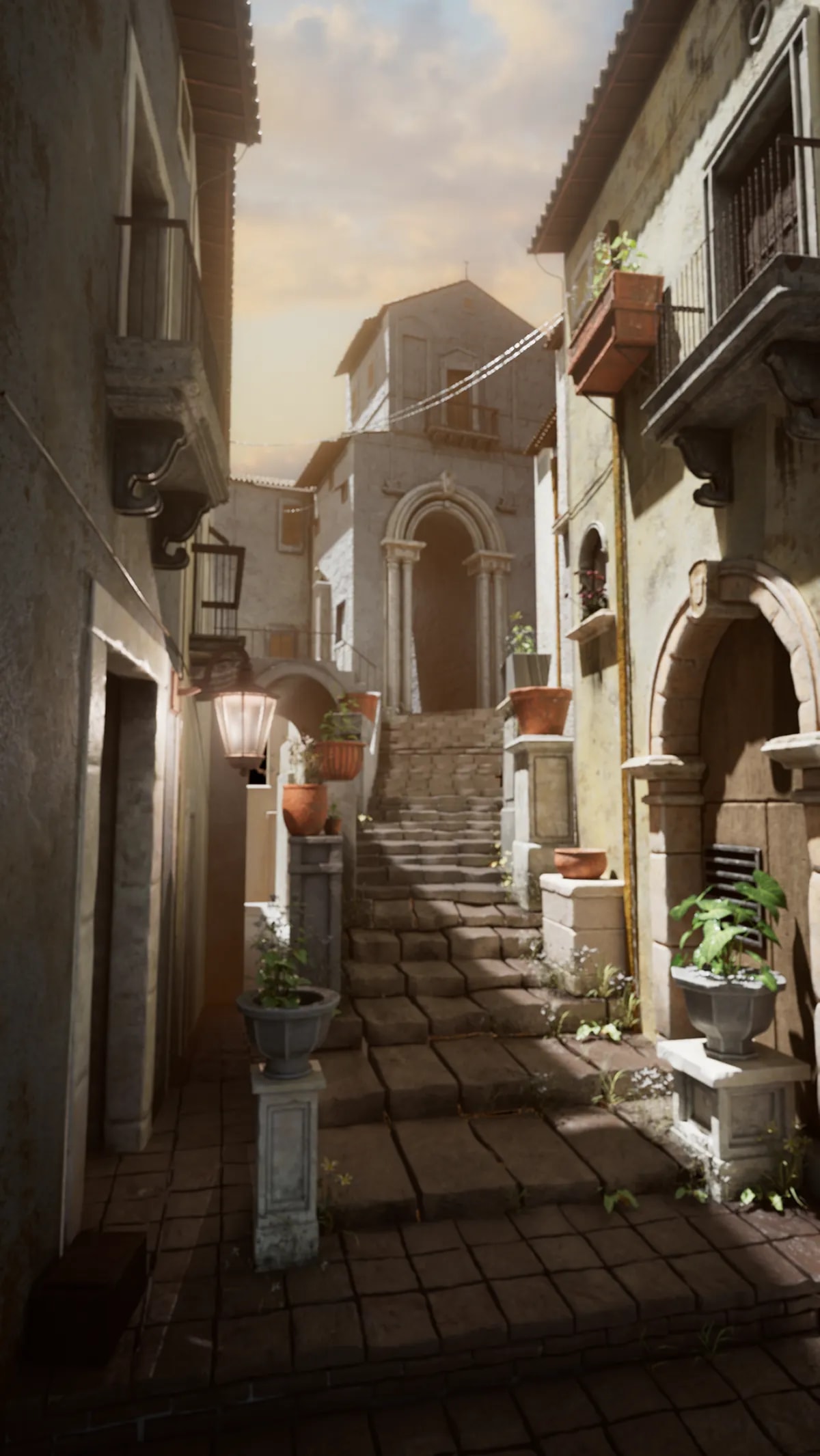 Entorno 3D de un callejón mediterráneo con escaleras de piedra, arcos y macetas al atardecer, de Eduardo Molina, alumno de 3D · Modelado y Animación en TRAZOS