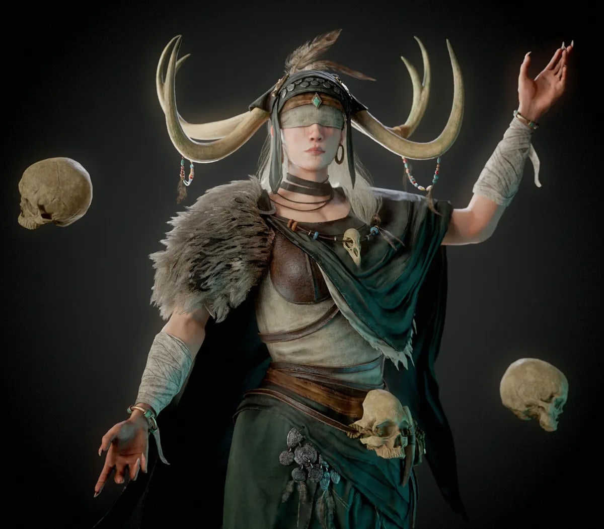 Render del personaje chamana con tocado de cornamenta y manto verde rodeada de cráneos, de Ángela Rioseras San Martín, alumna de Concept Art en TRAZOS