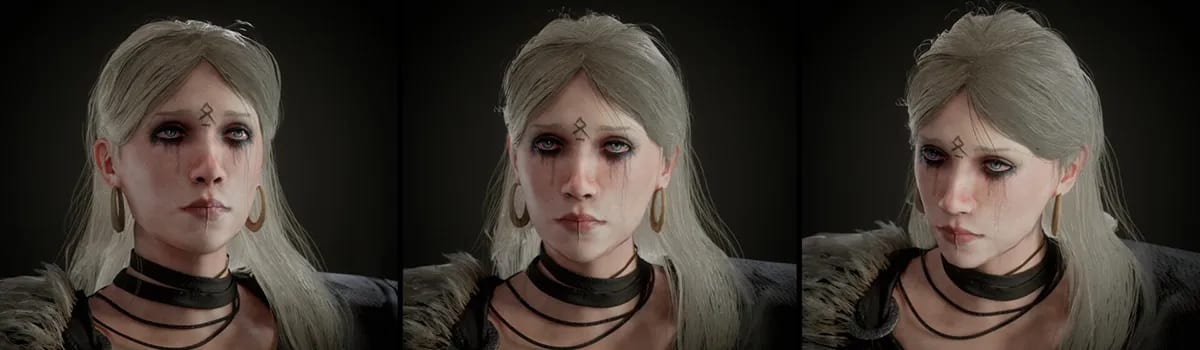 Hoja de expresiones faciales del personaje chamana con maquillaje oscuro en los ojos, de Ángela Rioseras San Martín, alumna de Concept Art en TRAZOS
