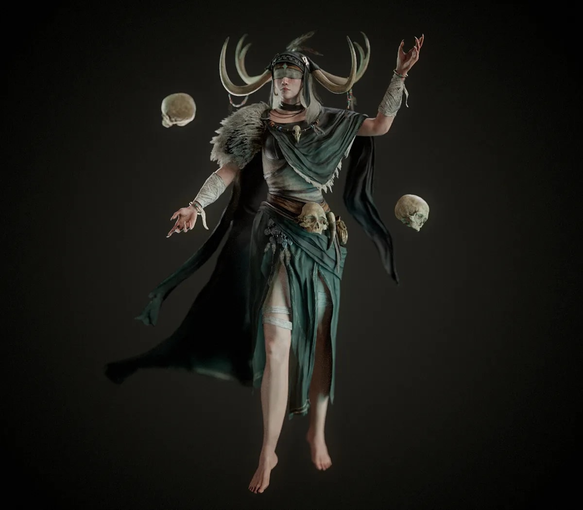 Render de cuerpo completo del personaje chamana flotando con cornamenta y manto verde, de Ángela Rioseras San Martín, alumna de Concept Art en TRAZOS