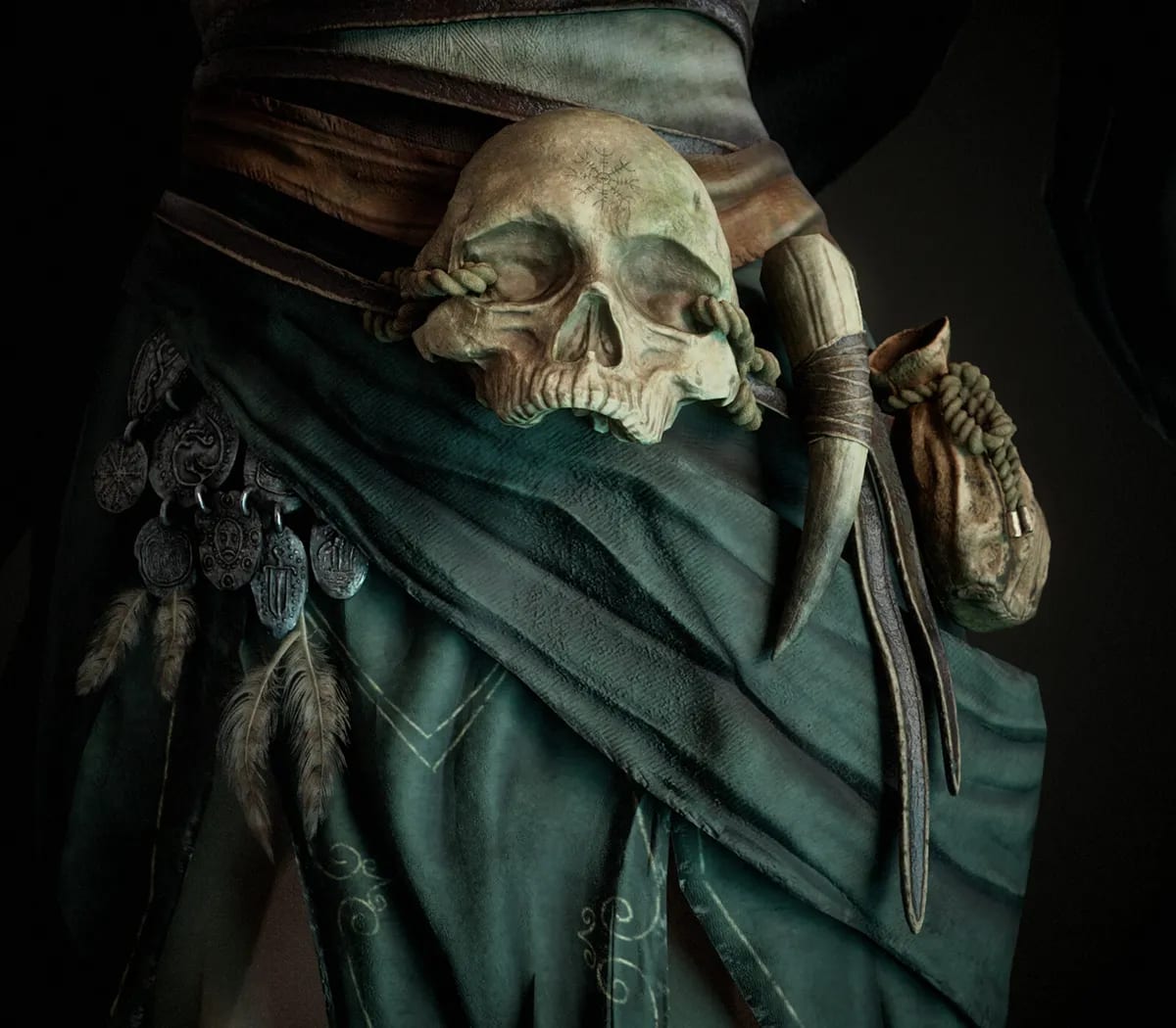 Detalle de los props del cinturón de la chamana con cráneo, cuerno y bolsa, de Ángela Rioseras San Martín, alumna de Concept Art en TRAZOS