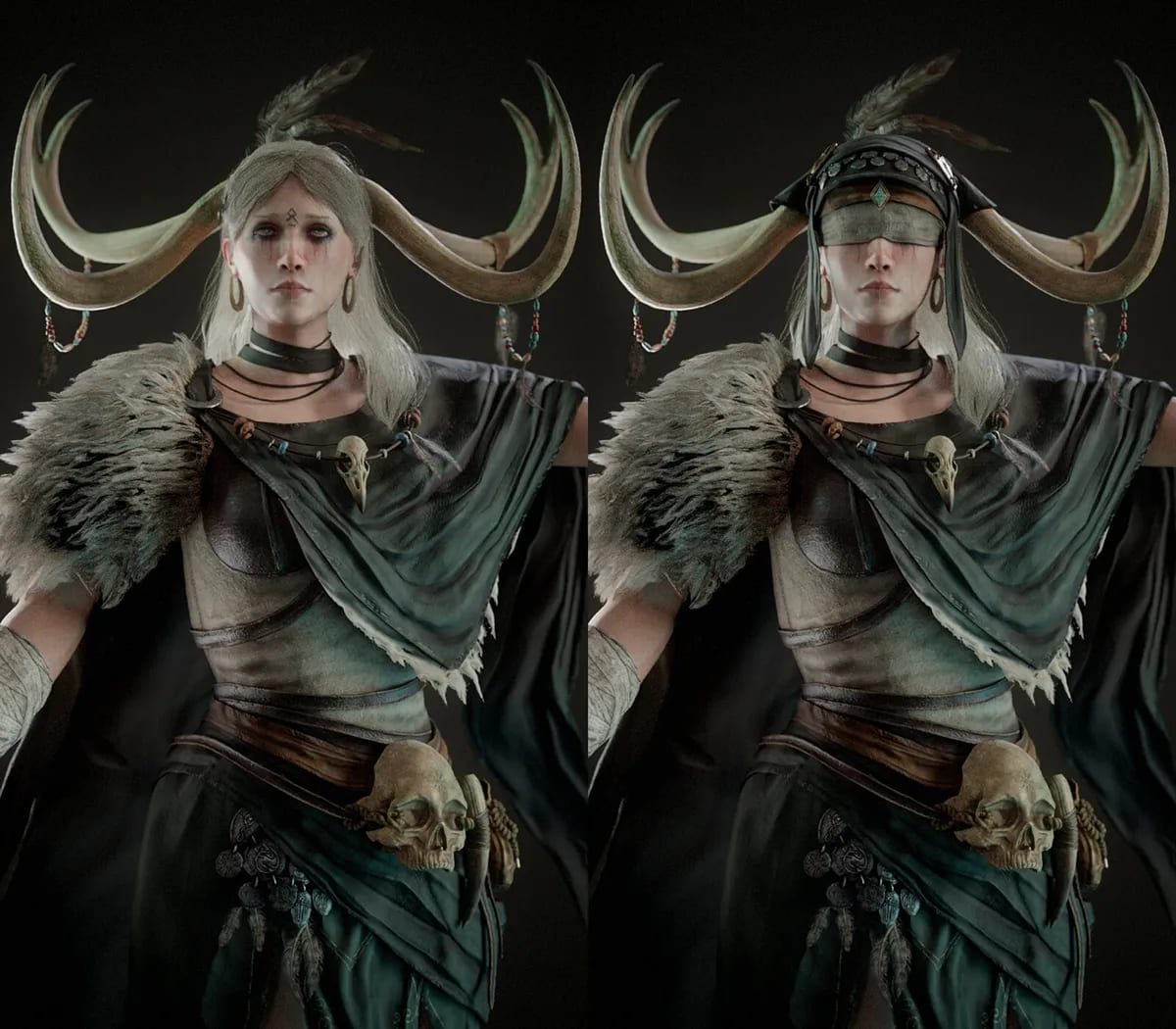 Dos variantes del busto de la chamana, con y sin el tocado vendado, de Ángela Rioseras San Martín, alumna de Concept Art en TRAZOS