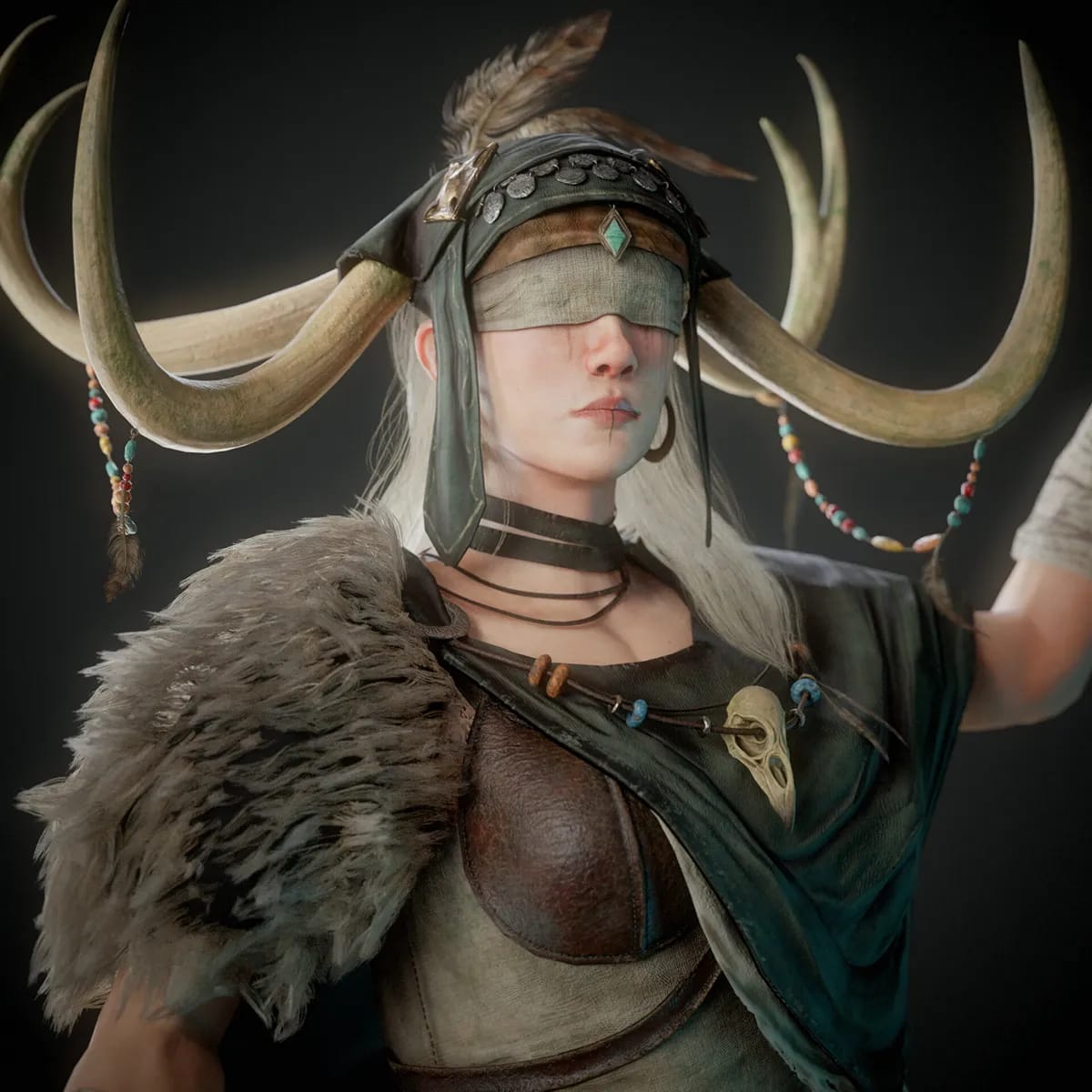 Render detallado del busto de la chamana con el tocado de cornamenta y venda en los ojos, de Ángela Rioseras San Martín, alumna de Concept Art en TRAZOS
