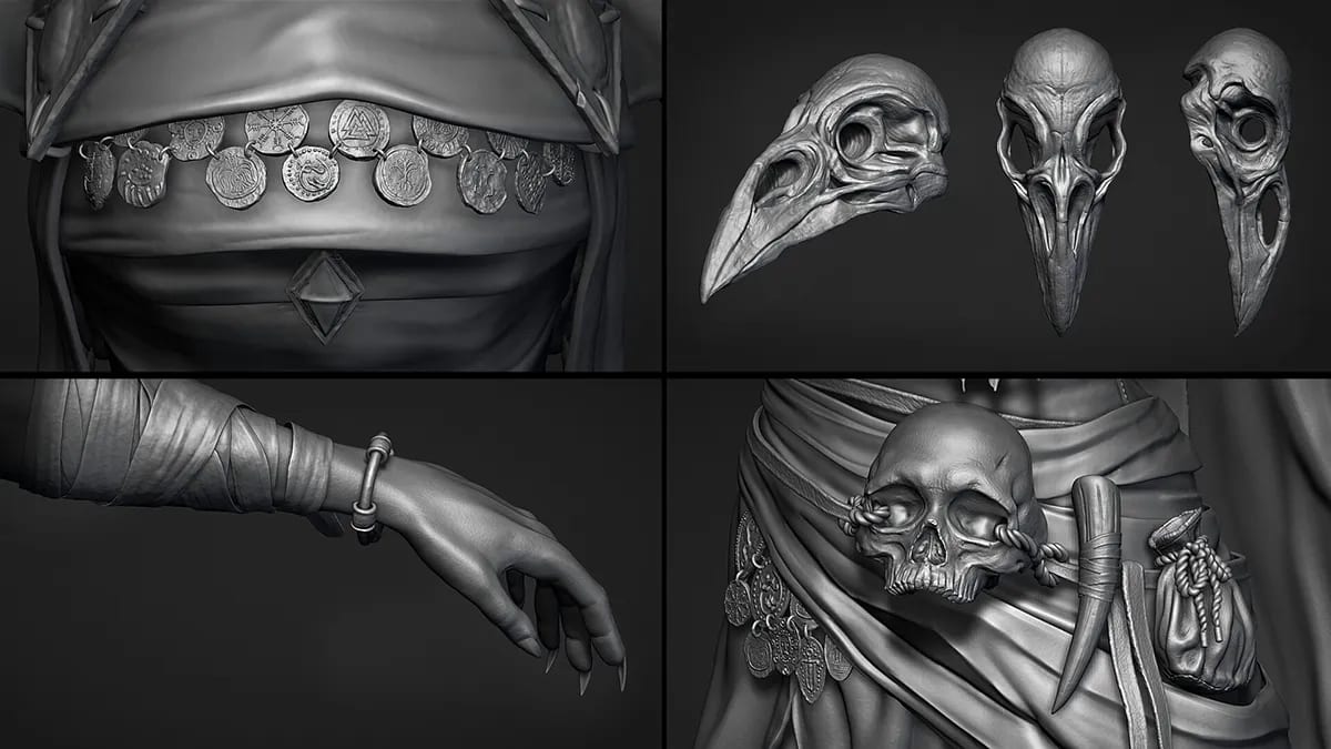 Hoja de detalles de la escultura 3D en arcilla de la chamana: cinturón de amuletos, calavera de pájaro, mano y cráneo, de Ángela Rioseras San Martín, alumna de Concept Art en TRAZOS
