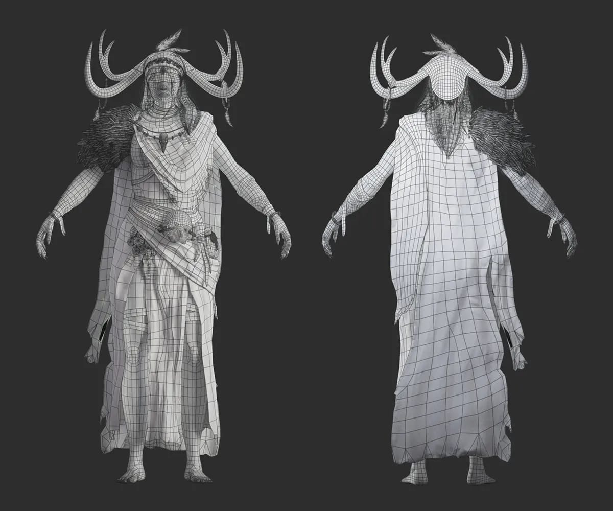Turnaround del modelo 3D de la chamana mostrando la topología en wireframe de frente y de espaldas, de Ángela Rioseras San Martín, alumna de Concept Art en TRAZOS
