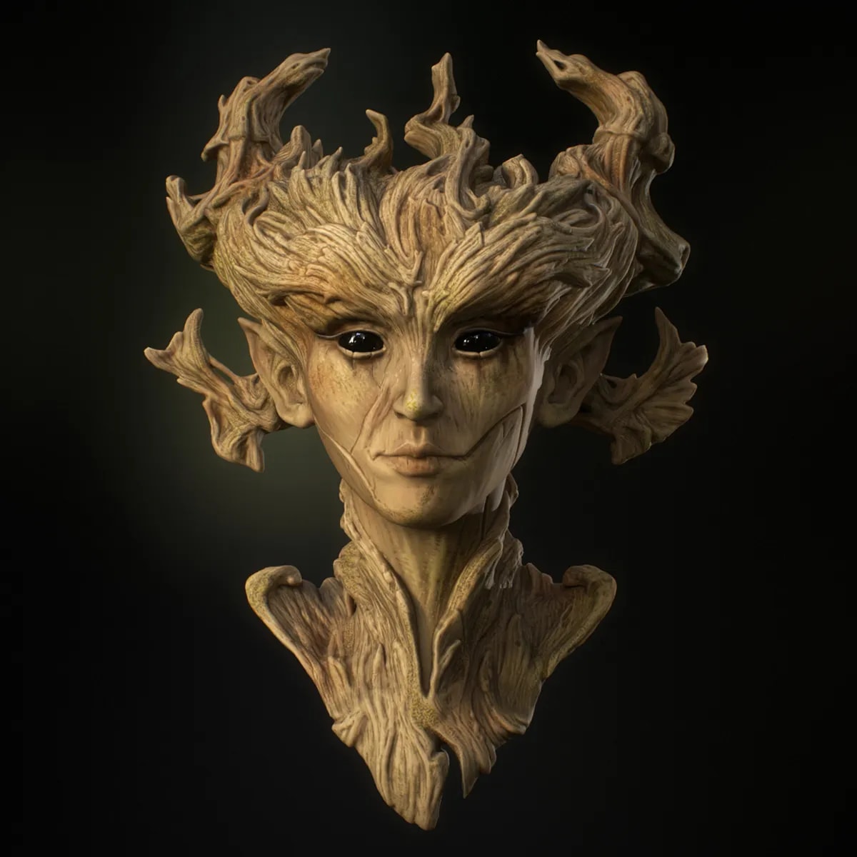 Busto de un espíritu del bosque con piel de corteza, cabello de ramas y ojos negros, de Ángela Rioseras San Martín, alumna de Concept Art en TRAZOS
