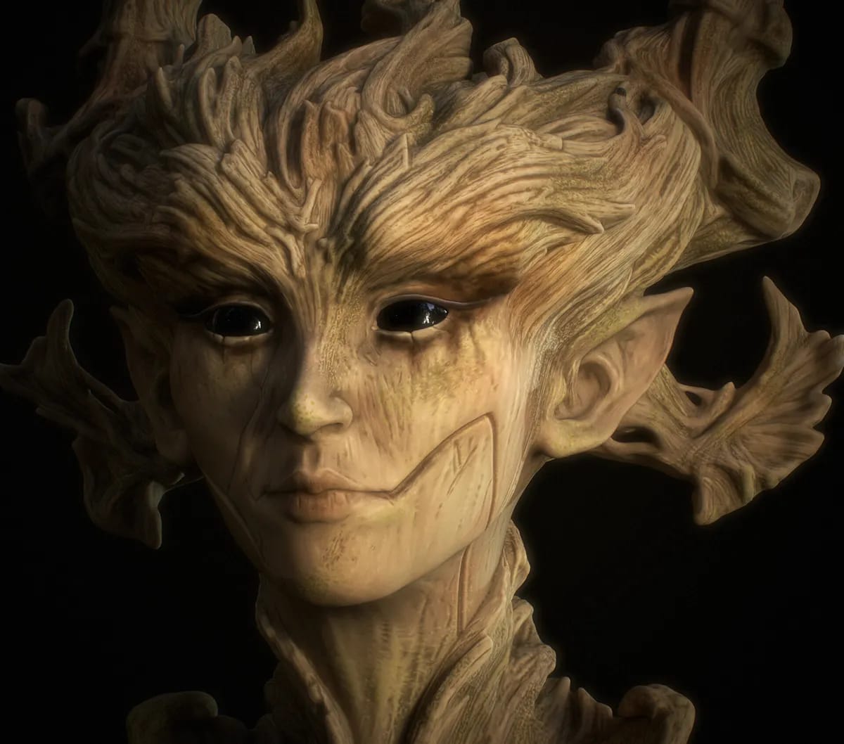 Primer plano del rostro del espíritu del bosque de corteza con orejas puntiagudas y ojos negros, de Ángela Rioseras San Martín, alumna de Concept Art en TRAZOS
