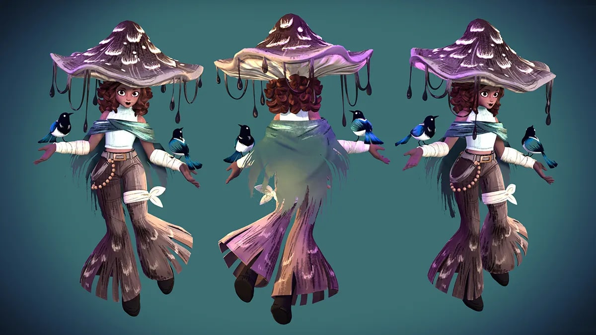 Turnaround ilustrado del personaje de la chica con sombrero de seta en vistas frontal, trasera y de tres cuartos, de Dana Nastassja Barreto Moncada, alumna de Concept Art en TRAZOS