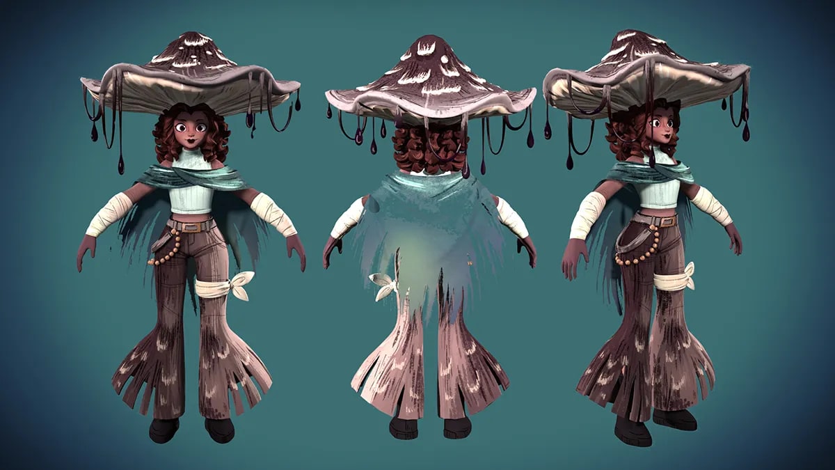 Modelo 3D texturizado del personaje de la chica con sombrero de seta en vistas frontal, trasera y de tres cuartos, de Dana Nastassja Barreto Moncada, alumna de Concept Art en TRAZOS