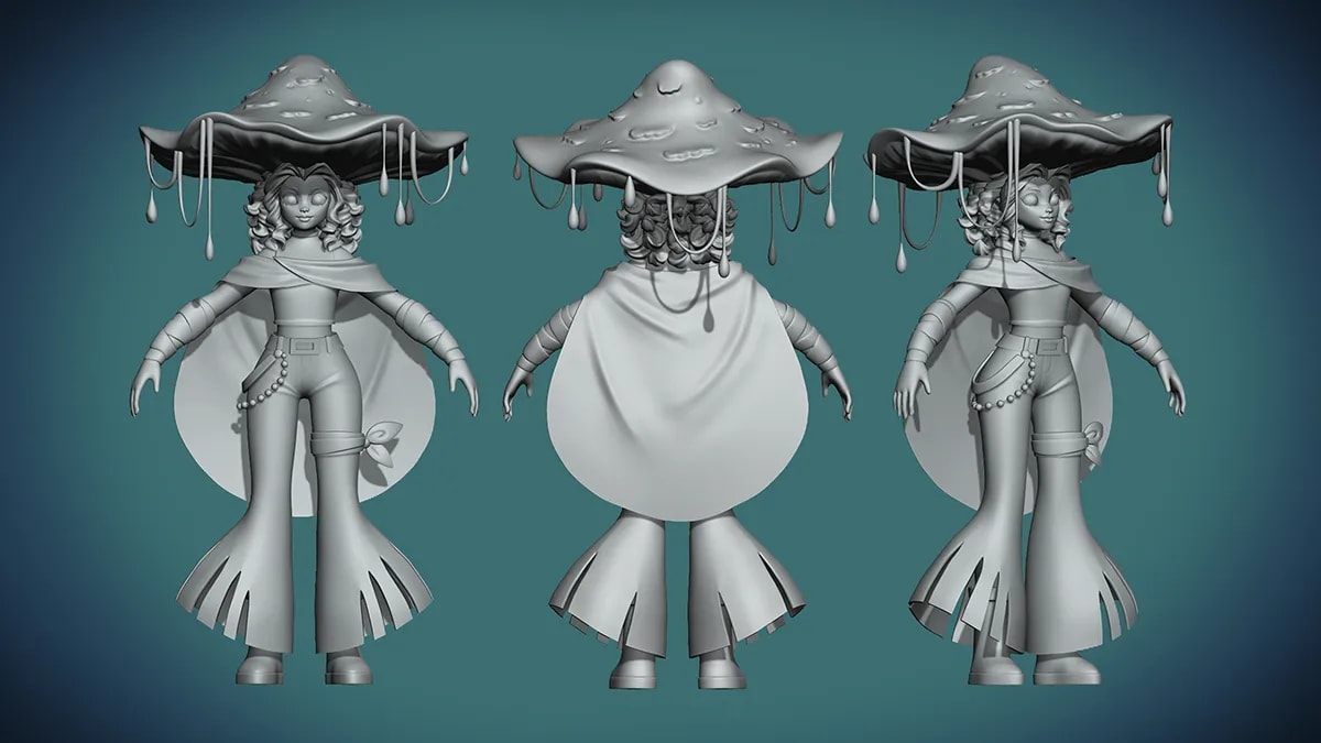 Escultura 3D en arcilla del personaje de la chica con sombrero de seta en varias vistas, de Dana Nastassja Barreto Moncada, alumna de Concept Art en TRAZOS