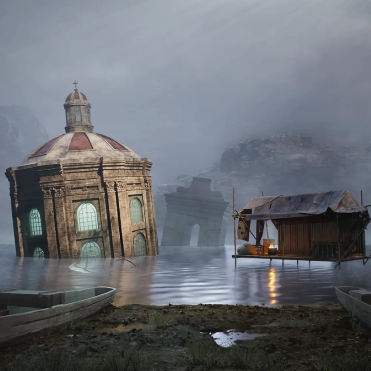 Entorno 3D de un templo abovedado medio inundado con una choza de palafito y barcas entre la niebla, de Fernanda Urteaga, alumna de 3D · Modelado y Animación en TRAZOS