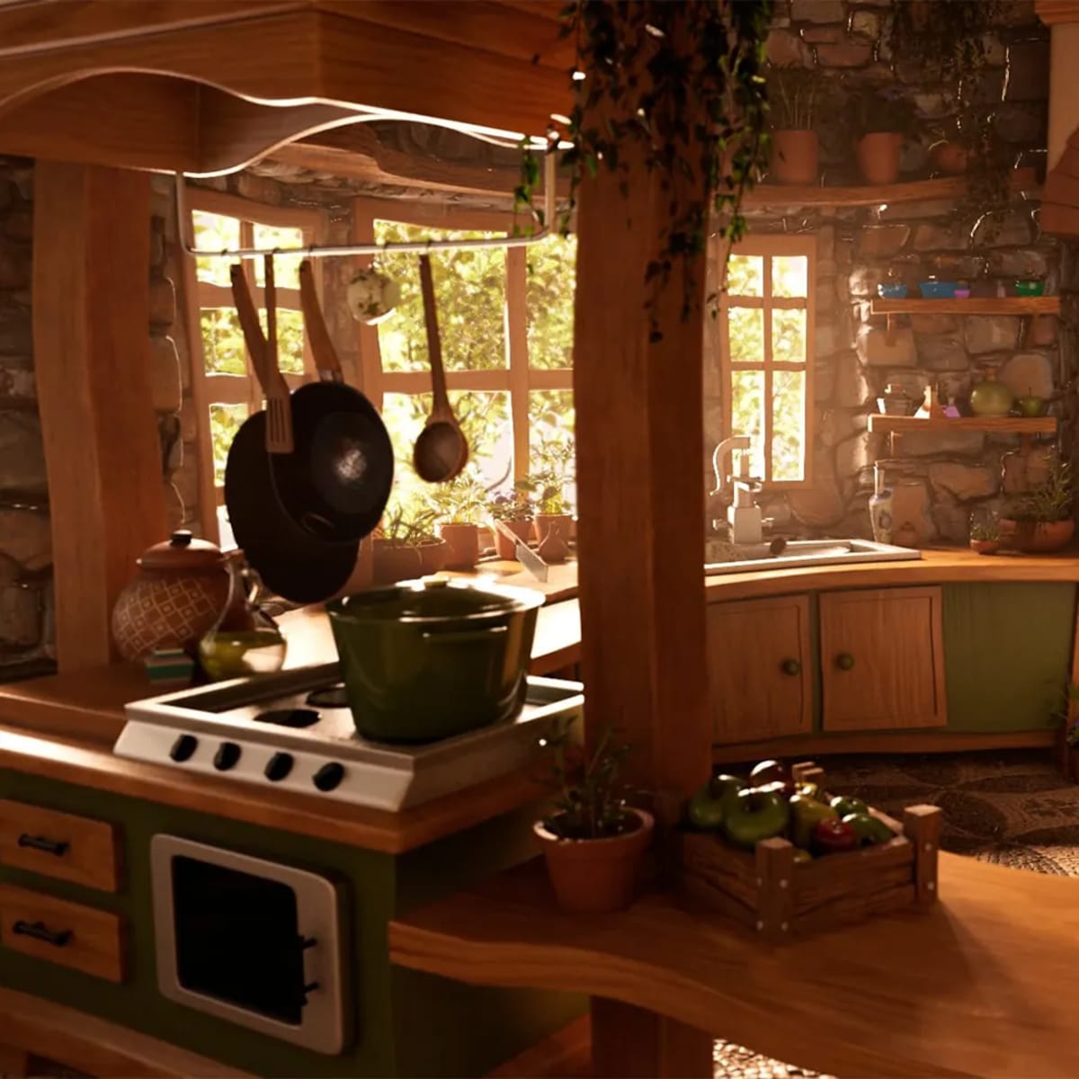 Interior de una cocina rústica de piedra y madera iluminada por la ventana, de Marta Jiménez, alumna de 3D · Modelado y Animación en TRAZOS