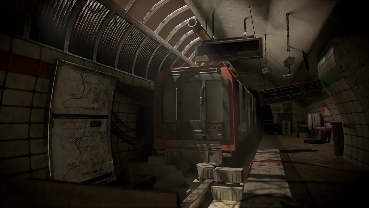 Túnel de metro abandonado con un vagón detenido y paredes de azulejo deterioradas, de Josep Falconi, alumno de 3D · Modelado y Animación en TRAZOS