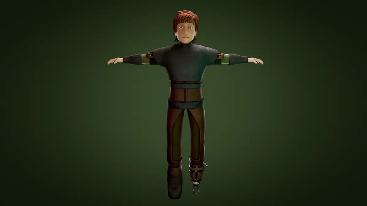 Personaje masculino pelirrojo modelado en pose T sobre fondo verde, de Josep Falconi, alumno de 3D · Modelado y Animación en TRAZOS
