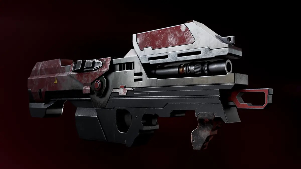 Rifle de ciencia ficción en vista en perspectiva con detalles rojos y metálicos, de Josep Falconi, alumno de 3D · Modelado y Animación en TRAZOS